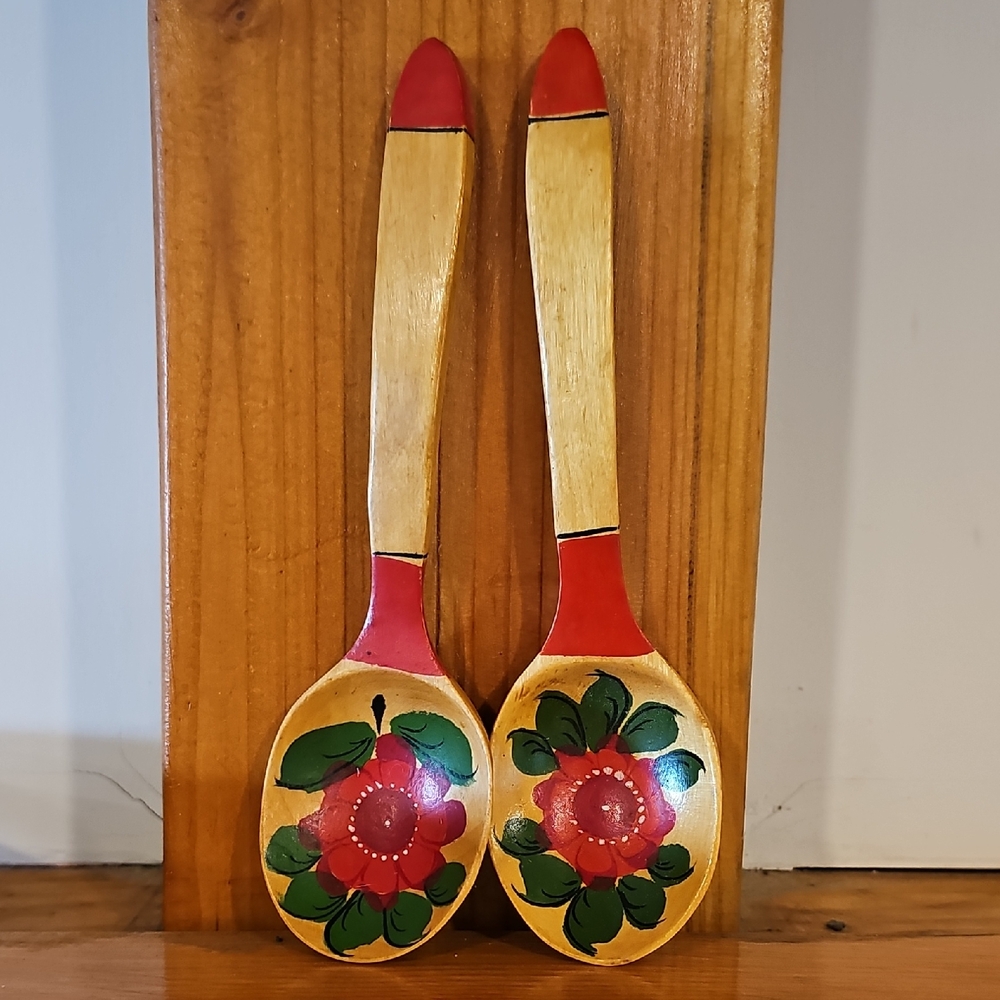 Hand-Painted Red Floral Wooden Serving Spoons
